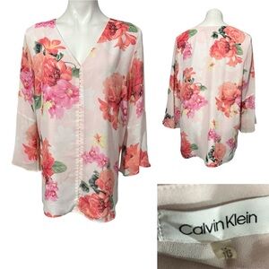 Calvin Klein Blouse plus size 1x Floral Pink multicolor sheer flutter sleeve